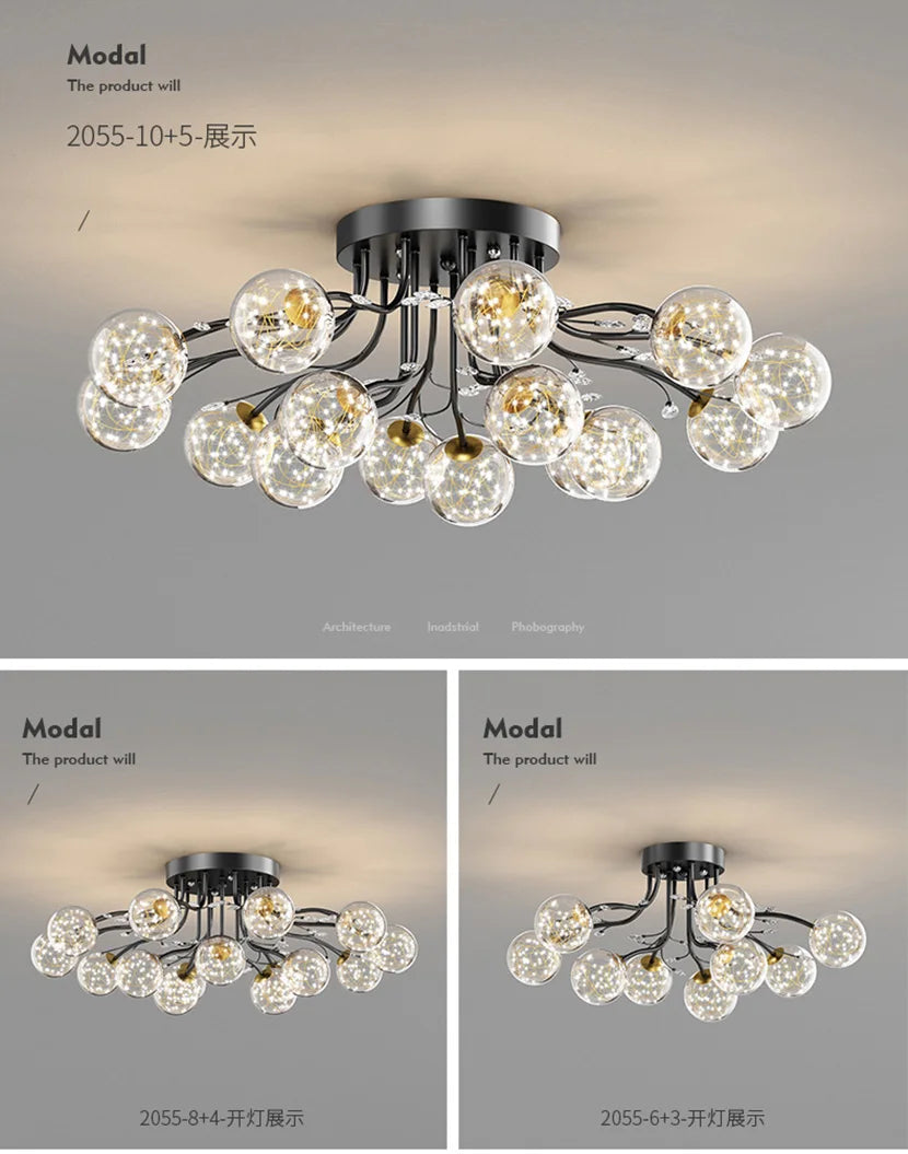 Black Gold Chandeliers Clear Star Milk White Glass Ball Ceiling Lamp with Crystal Living Room Decor Pendant Lights