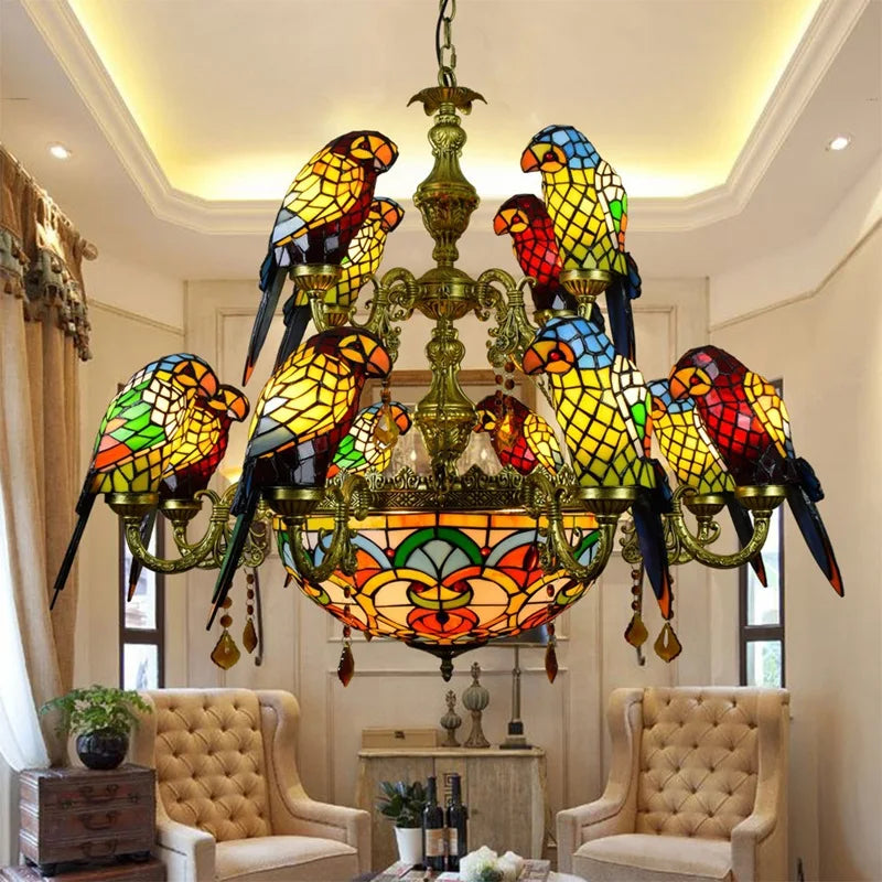 Stained Glass Parrot Chandelier  Creative Retro Bird Pendant Light for Bars and Restaurants Tiffany Style Glass Fixture Indoor Decorative Lamp