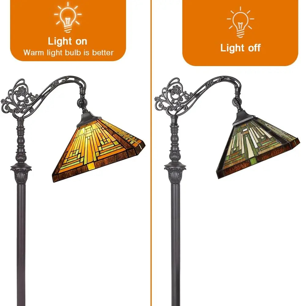 Antique Mission Style Floor Lamp with Adjustable Arched Arm  Stained Glass Shade for Soft Ambient Lighting