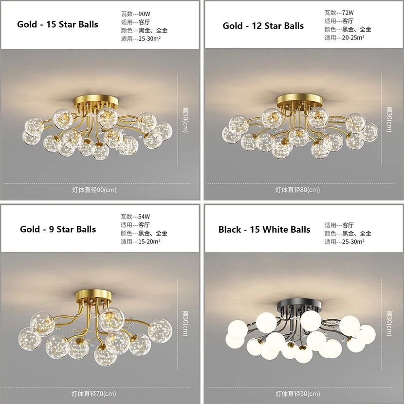 Black Gold Chandeliers Clear Star Milk White Glass Ball Ceiling Lamp with Crystal Living Room Decor Pendant Lights