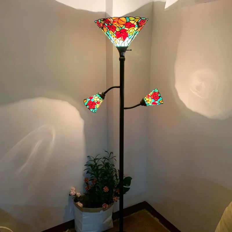 Maple Tree Leaves Tiffany-style Stained Glass Torchiere Floor Lamp with Sidelights - 70in Elegant Home Decor