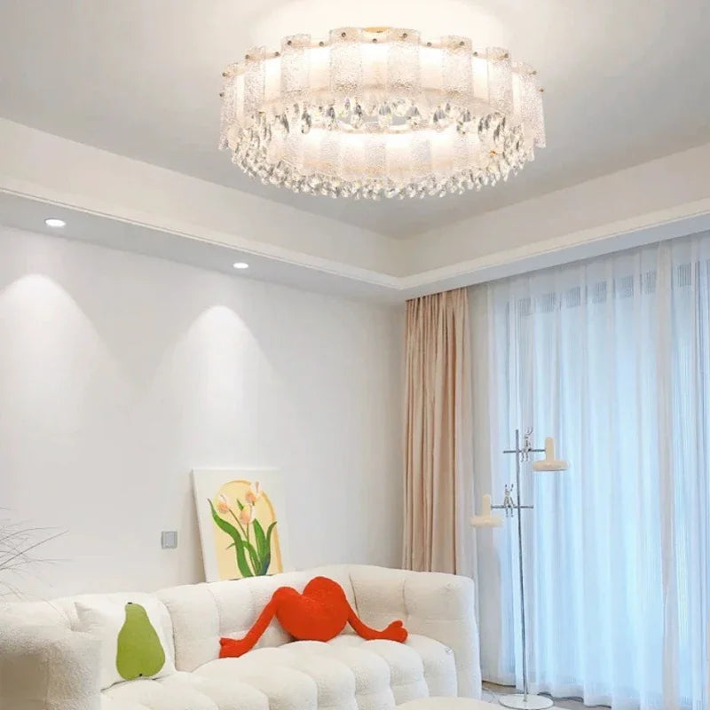 Modern Round Oval Crystal Chandelier Luxurious Frosted Glass LED Lighting for Living Room Dining Room or Bedroom