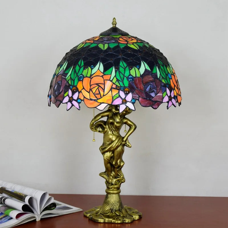 Tiffany Stained Glass Red Roses Table Lamp - Elegant Mediterranean-Style Nightstand Light for Bedrooms Hotels  Living Rooms