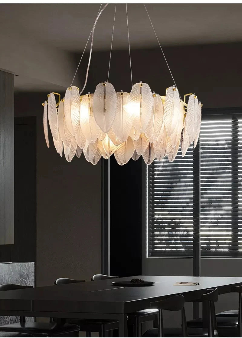 Feather Glass and Gold Metal Modern Luxury Pendant Light - Chic Chandelier for Living Room and Bedroom Décor