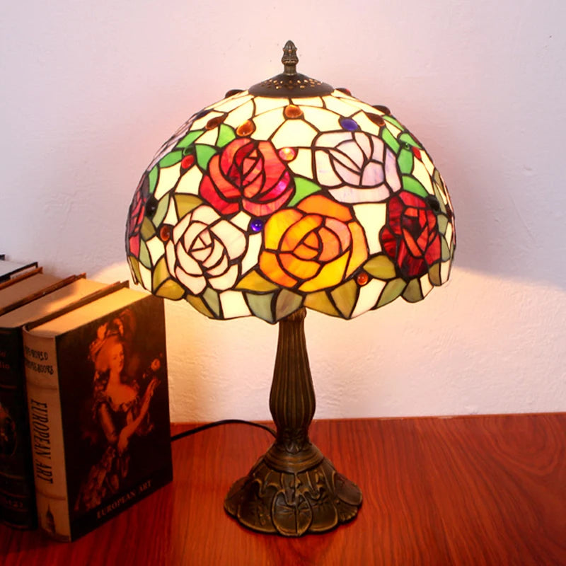 Elegant Tiffany Table Lamp with Red Roses  Stained Glass Bedside Lighting for Home Restaurant  Bar