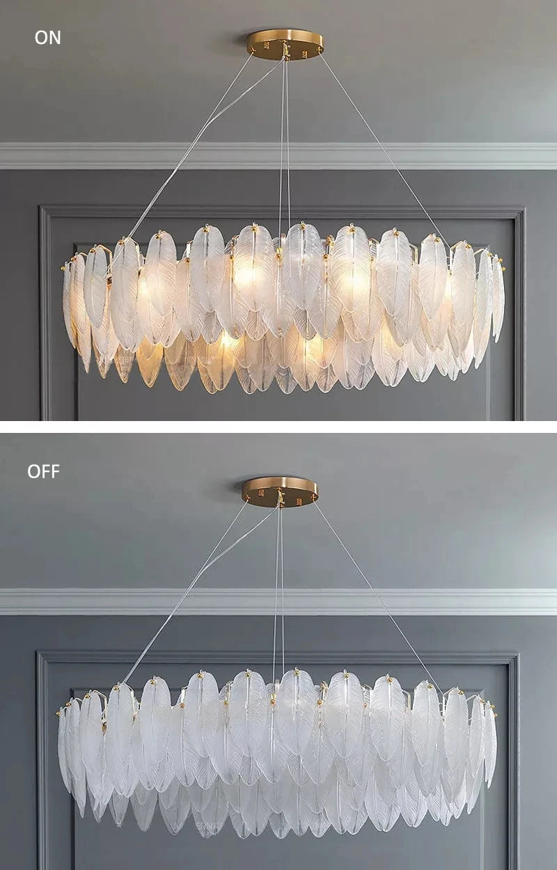 Feather Glass and Gold Metal Modern Luxury Pendant Light - Chic Chandelier for Living Room and Bedroom Décor