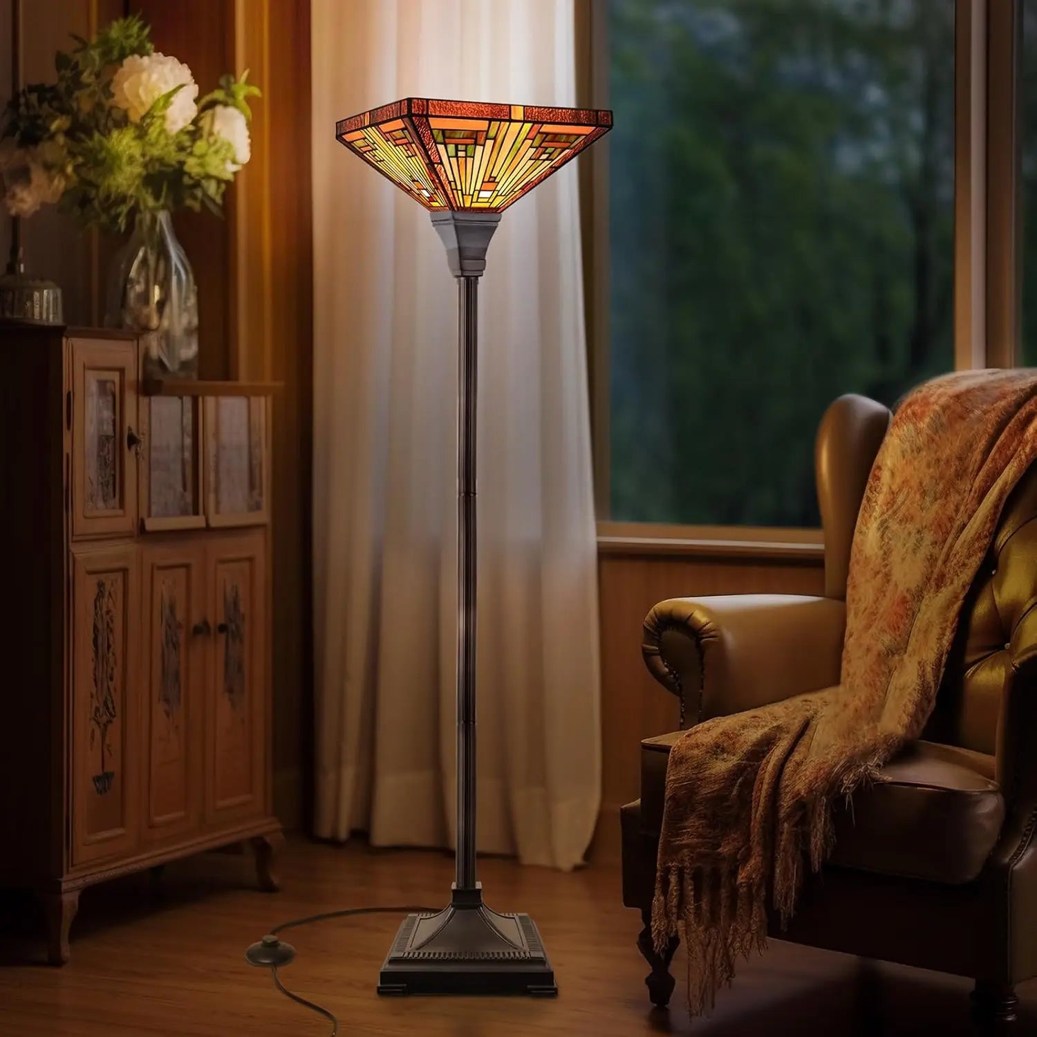 Industrial Blackish Bronze Floor Lamp with Handcrafted Amber Brown Stained Glass Shade - 70in Tall Elegant Tiffany Style Lighting for Home Decor