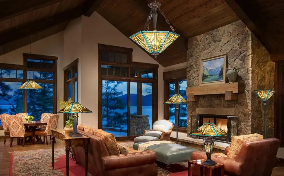 Mission Style Green Stained Glass Floor Lamp - Antique Double Light Reading Lamp with Handcrafted Elegance for Home Decor