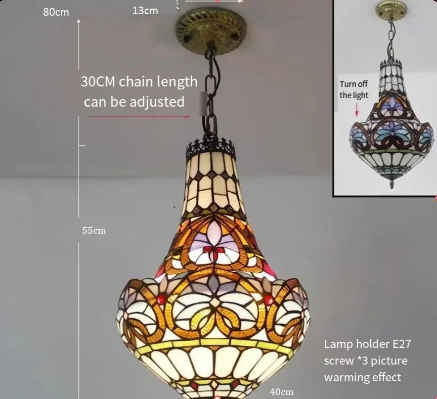 Mediterranean Vintage Stained Glass Chandelier Pendant Lamp for Living Room Bedroom or Dining Room
