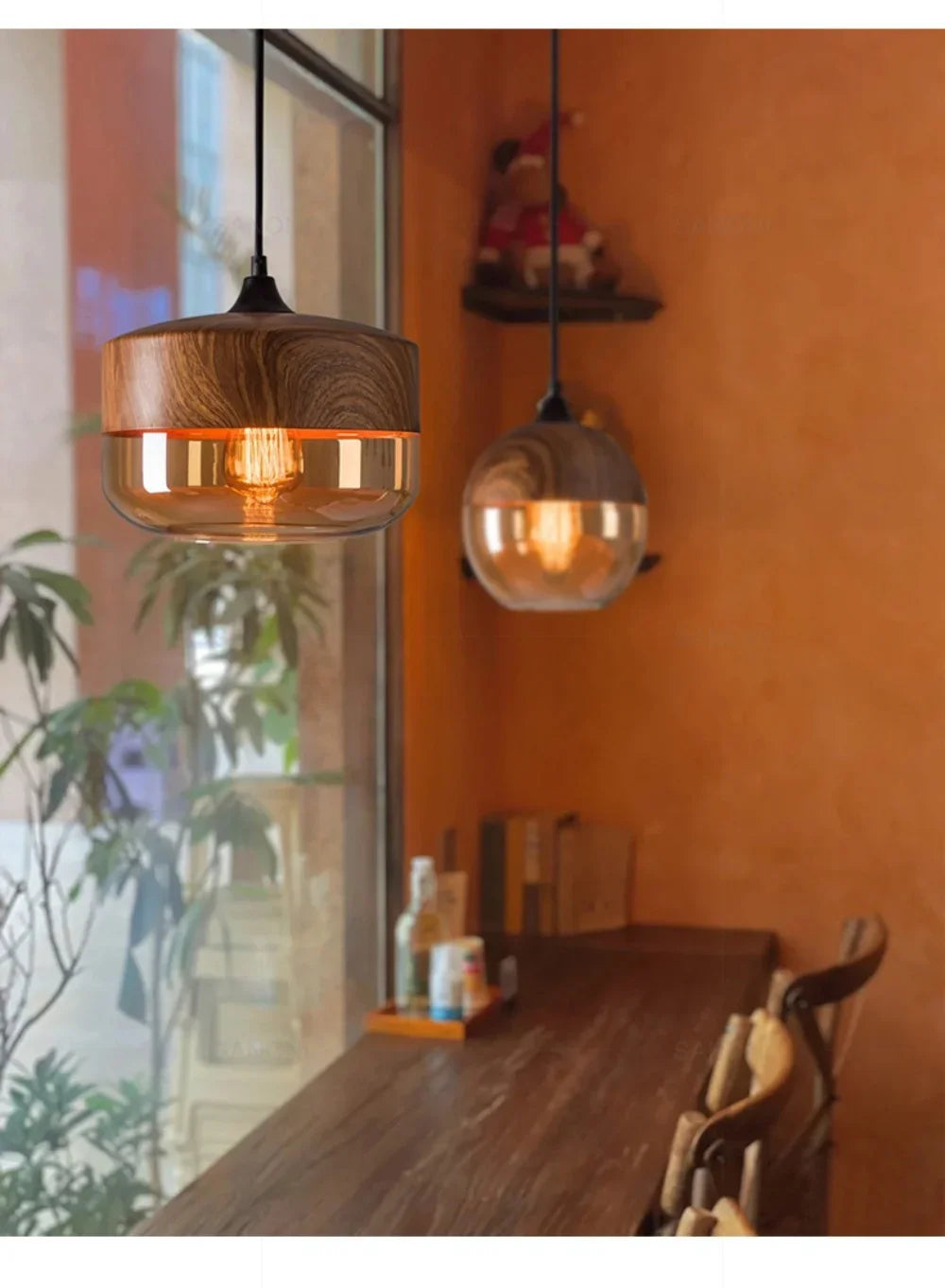 Modern LED Pendant Light Fixtures Nordic Glass Wood Chandelier for Living and Dining Room Light Bedroom Wood Color Hanging Lamp