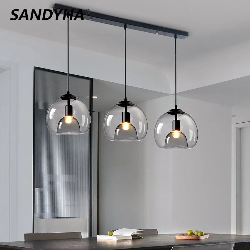 Glass LED Ceiling Chandelier Black Pendant Lamp for Living Room Dining Table Kitchen Bedroom Modern Gray Art Hanging Light