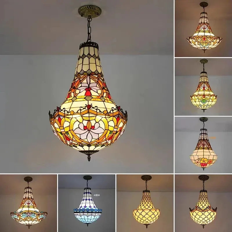 Mediterranean Vintage Stained Glass Chandelier Pendant Lamp for Living Room Bedroom or Dining Room