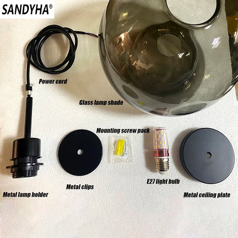 Glass LED Ceiling Chandelier Black Pendant Lamp for Living Room Dining Table Kitchen Bedroom Modern Gray Art Hanging Light