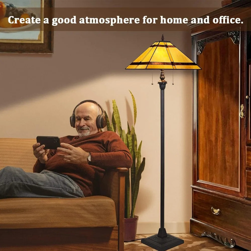 Stained Glass Mission Style Floor Lamp with 2 Light Sockets  Pull Chains - 65in Standing Lamp