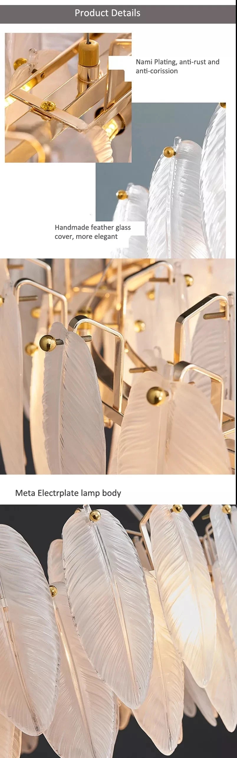 Feather Glass and Gold Metal Modern Luxury Pendant Light - Chic Chandelier for Living Room and Bedroom Décor