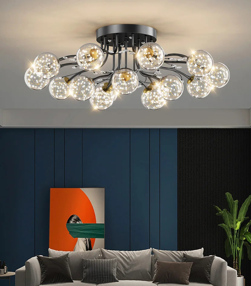 Black Gold Chandeliers Clear Star Milk White Glass Ball Ceiling Lamp with Crystal Living Room Decor Pendant Lights