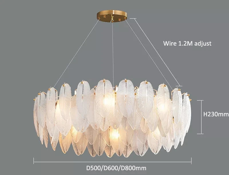 Feather Glass and Gold Metal Modern Luxury Pendant Light - Chic Chandelier for Living Room and Bedroom Décor