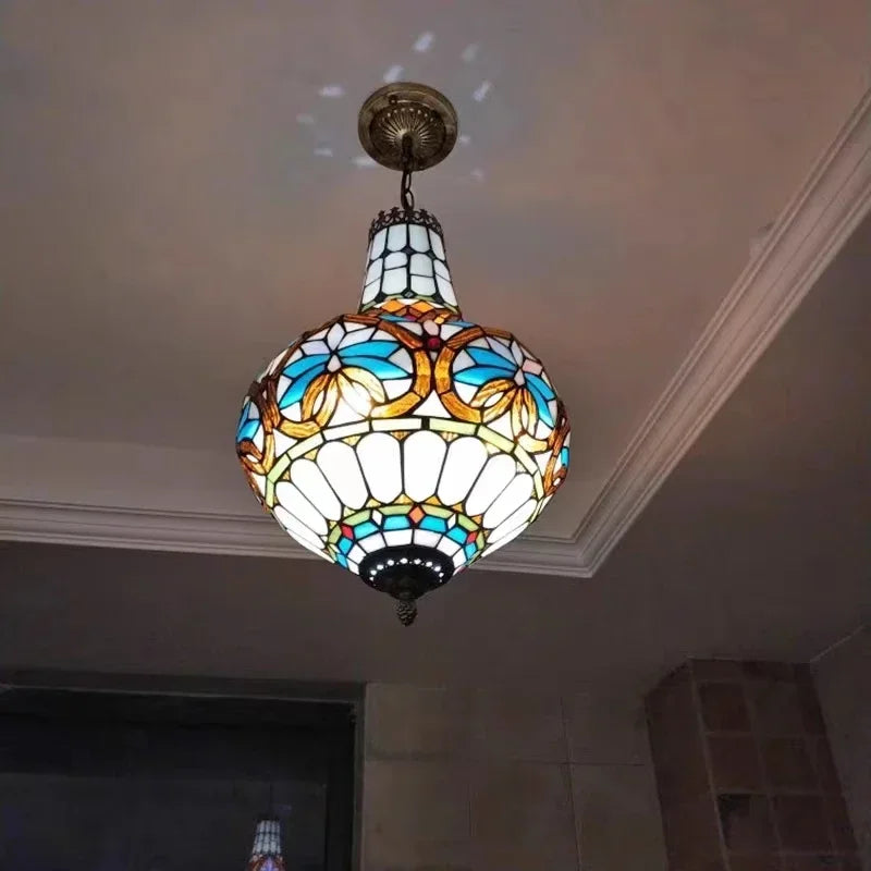 Mediterranean Vintage Stained Glass Chandelier Pendant Lamp for Living Room Bedroom or Dining Room