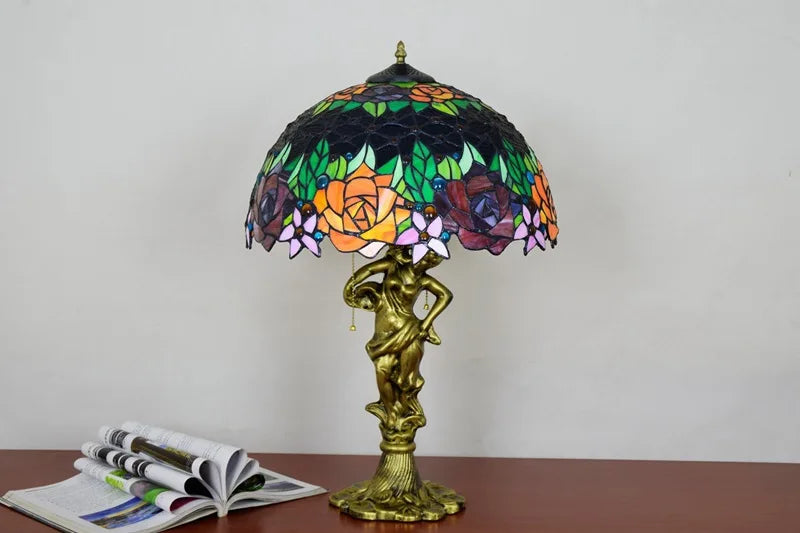 Tiffany Stained Glass Red Roses Table Lamp - Elegant Mediterranean-Style Nightstand Light for Bedrooms Hotels  Living Rooms