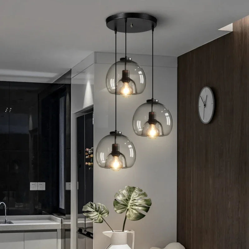 Glass LED Ceiling Chandelier Black Pendant Lamp for Living Room Dining Table Kitchen Bedroom Modern Gray Art Hanging Light