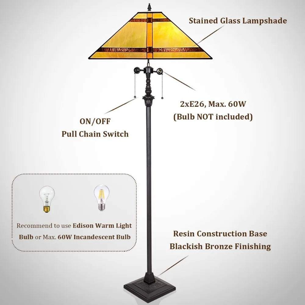 Stained Glass Mission Style Floor Lamp with 2 Light Sockets  Pull Chains - 65in Standing Lamp