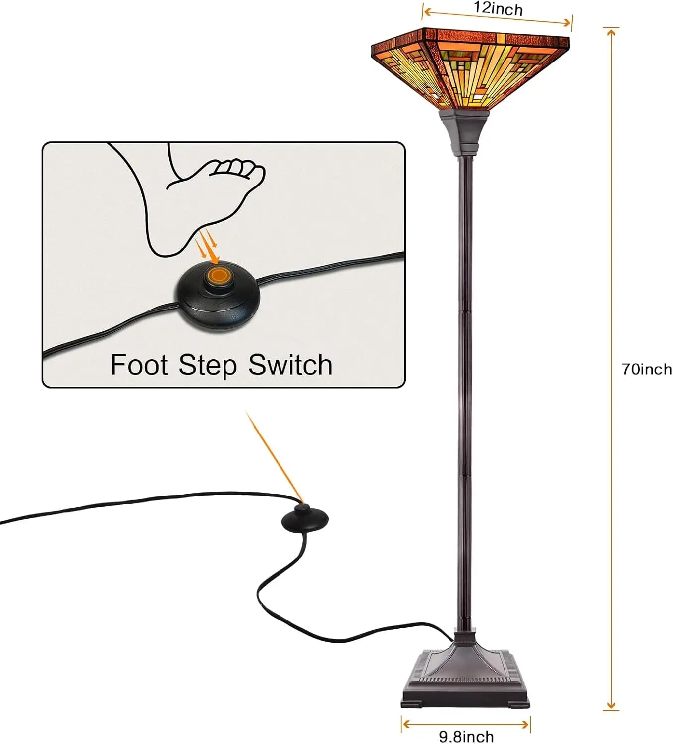 Industrial Blackish Bronze Floor Lamp with Handcrafted Amber Brown Stained Glass Shade - 70in Tall Elegant Tiffany Style Lighting for Home Decor