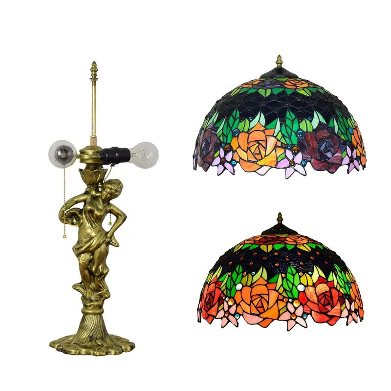 Tiffany Stained Glass Red Roses Table Lamp - Elegant Mediterranean-Style Nightstand Light for Bedrooms Hotels  Living Rooms