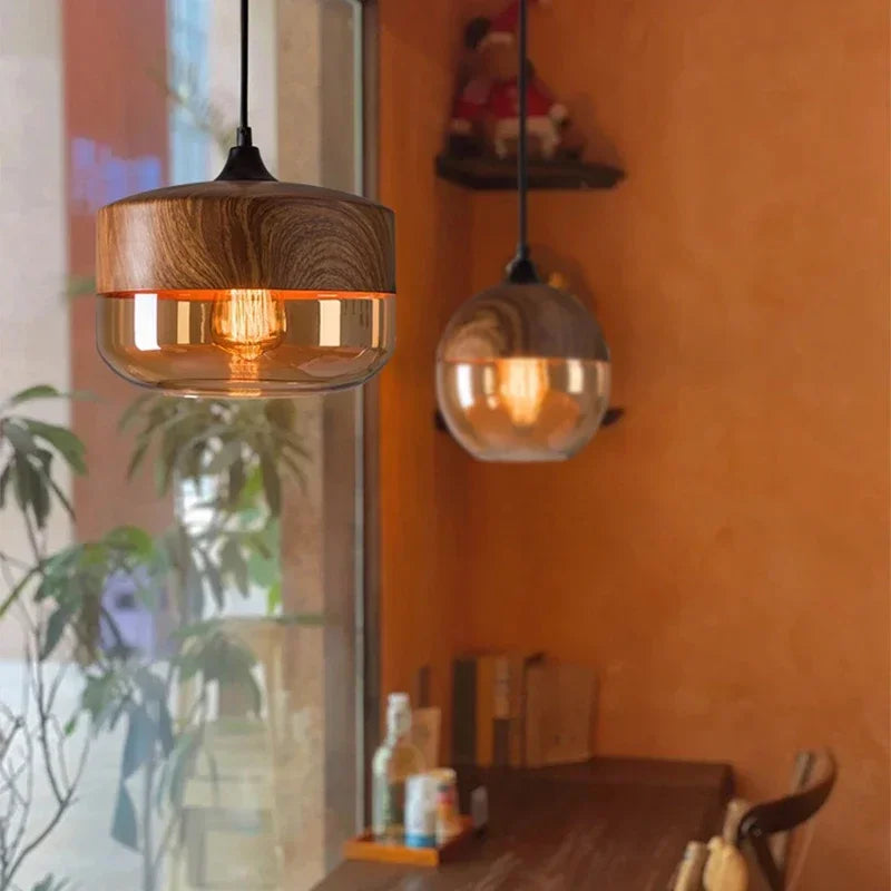 Modern LED Pendant Light Fixtures Nordic Glass Wood Chandelier for Living and Dining Room Light Bedroom Wood Color Hanging Lamp