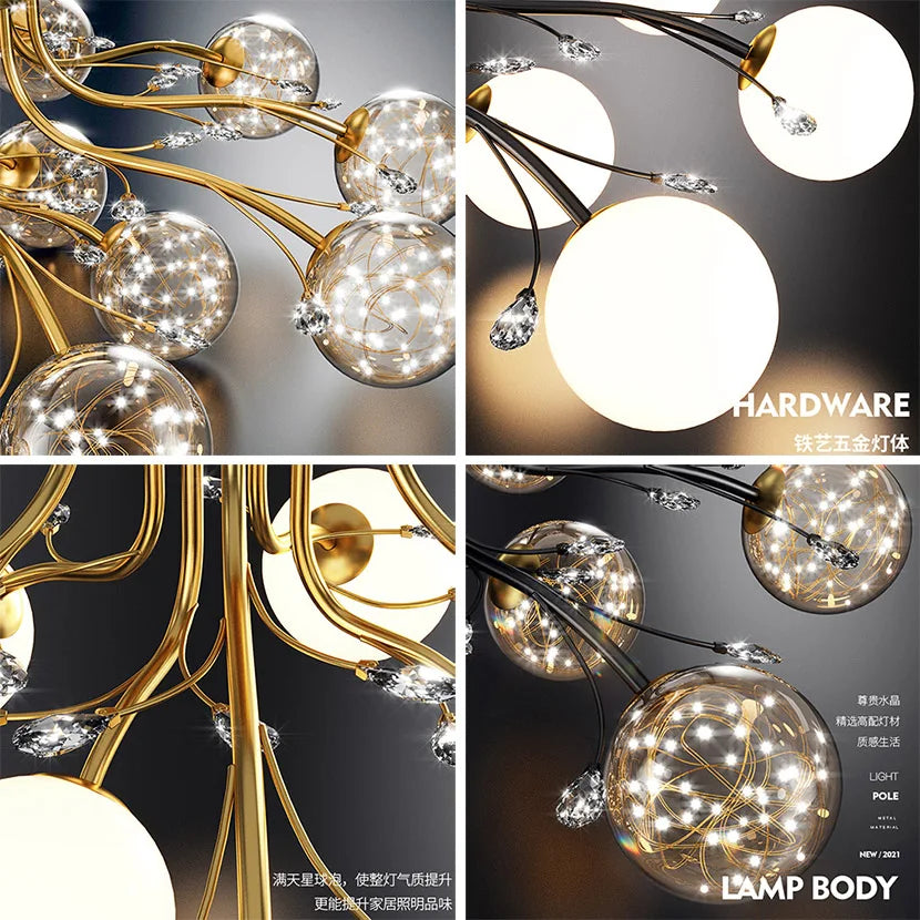 Black Gold Chandeliers Clear Star Milk White Glass Ball Ceiling Lamp with Crystal Living Room Decor Pendant Lights
