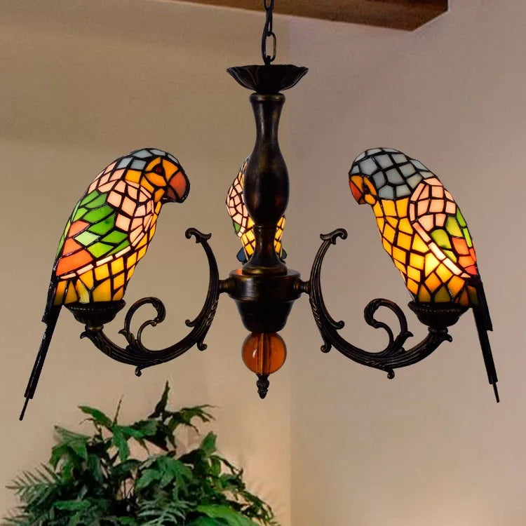 Stained Glass Parrot Chandelier  Creative Retro Bird Pendant Light for Bars and Restaurants Tiffany Style Glass Fixture Indoor Decorative Lamp