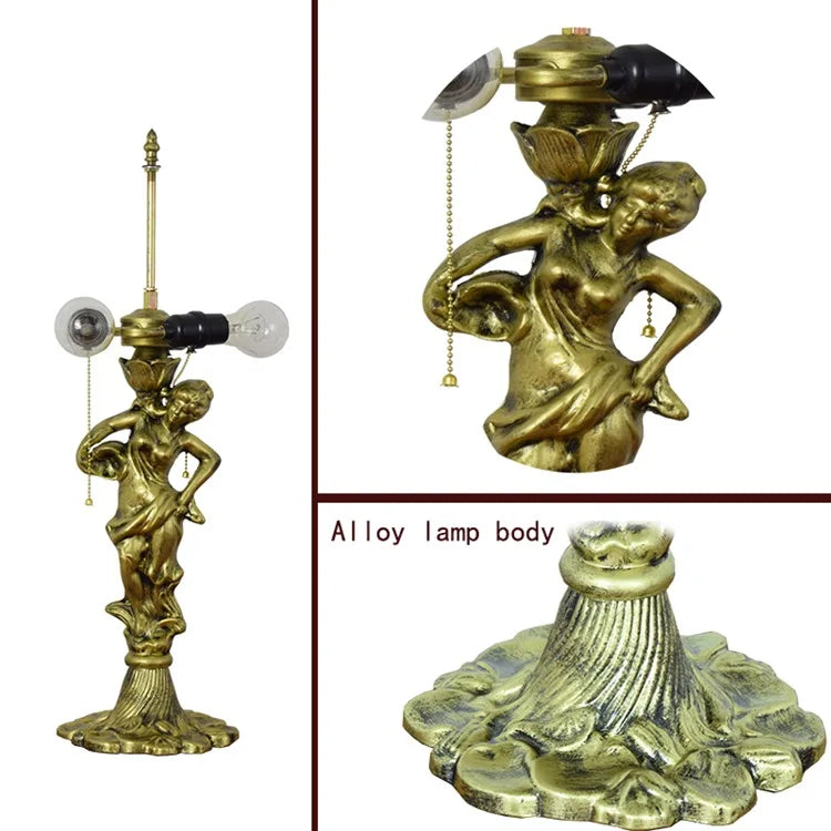 Tiffany Stained Glass Red Roses Table Lamp - Elegant Mediterranean-Style Nightstand Light for Bedrooms Hotels  Living Rooms