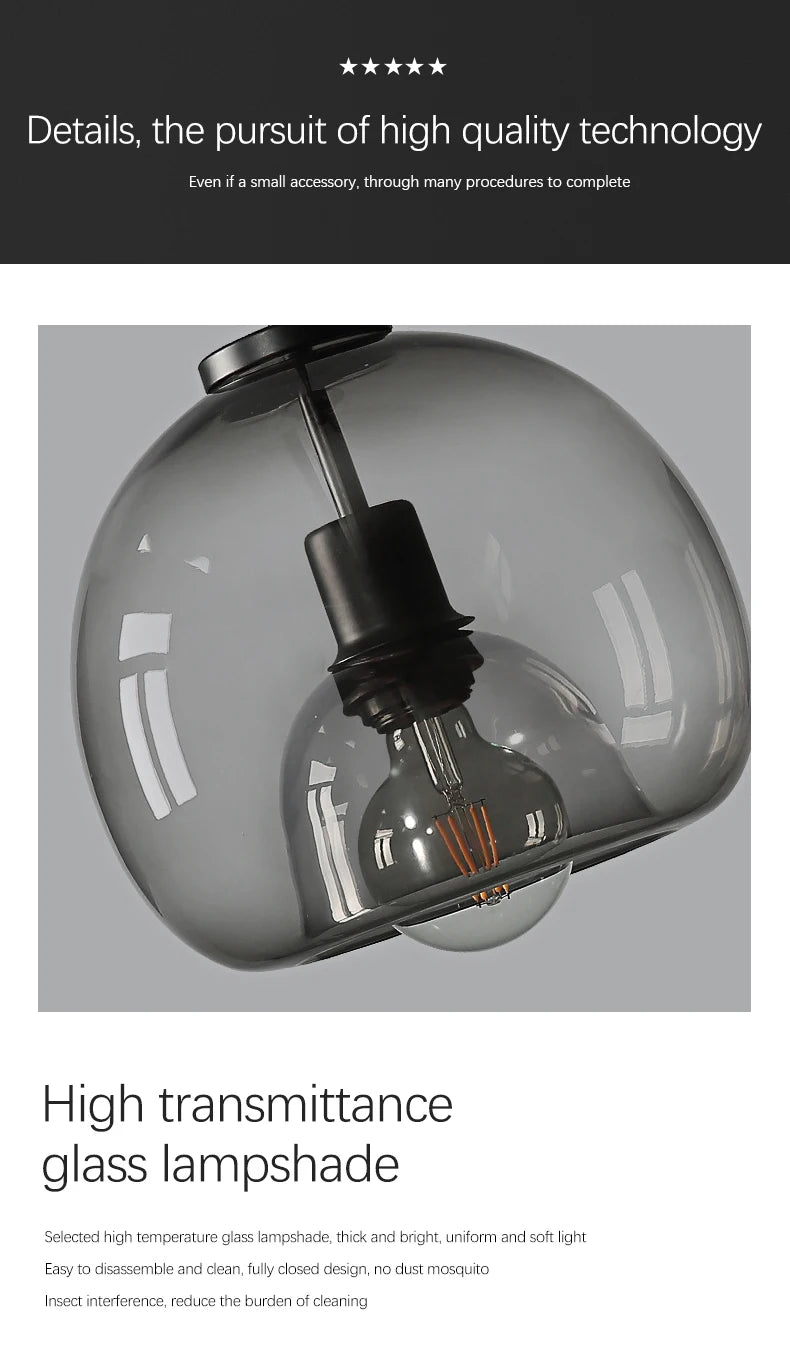 Nordic Glass Pendant Light for Kitchen Island Chandelier Smoke Gray Hanging Lamp for Living Room Dining Room