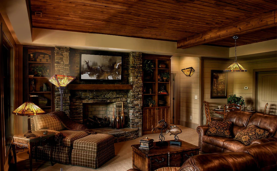 Antique Mission Style Floor Lamp with Adjustable Arched Arm  Stained Glass Shade for Soft Ambient Lighting