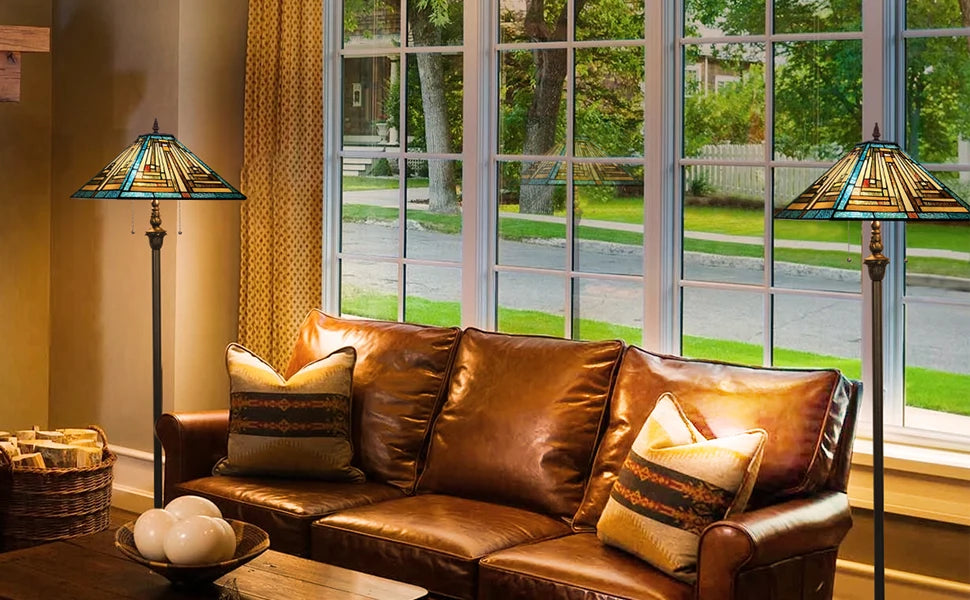 Mission Style Green Stained Glass Floor Lamp - Antique Double Light Reading Lamp with Handcrafted Elegance for Home Decor