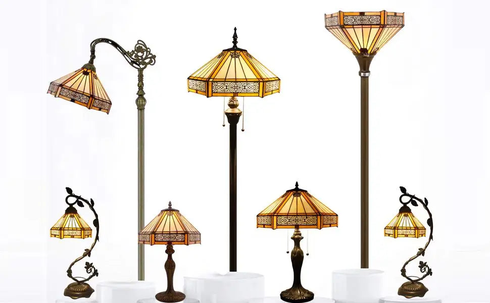 Yellow Hexagon Stained Glass Torchiere Floor Lamp - 66in Tall Corner Accent Light for Living Room and Bedroom Handcrafted Collectible Decor