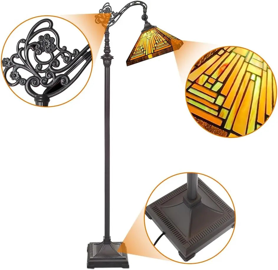Antique Mission Style Floor Lamp with Adjustable Arched Arm  Stained Glass Shade for Soft Ambient Lighting