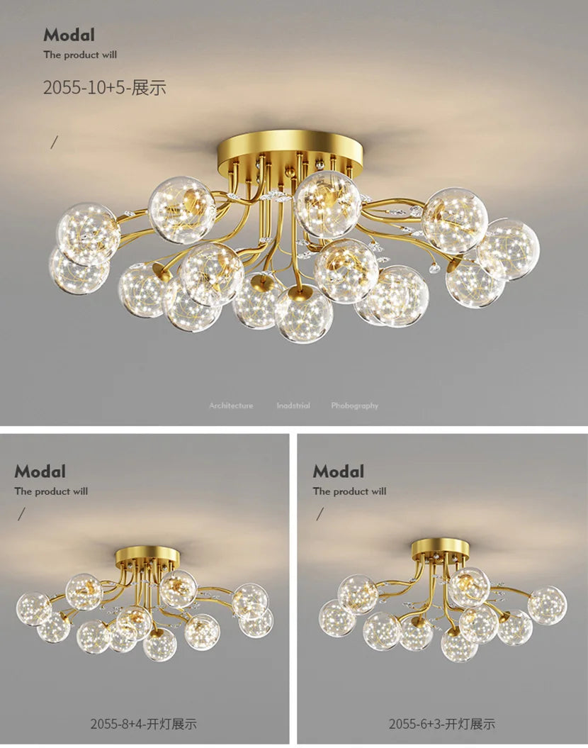 Black Gold Chandeliers Clear Star Milk White Glass Ball Ceiling Lamp with Crystal Living Room Decor Pendant Lights