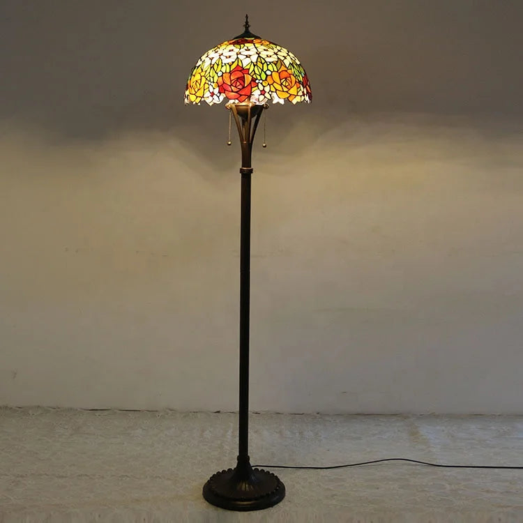 Tiffany Style LED Floor Lamp with Red Stained Glass Rose Shade  63-Inch Tall Standing Reading Light