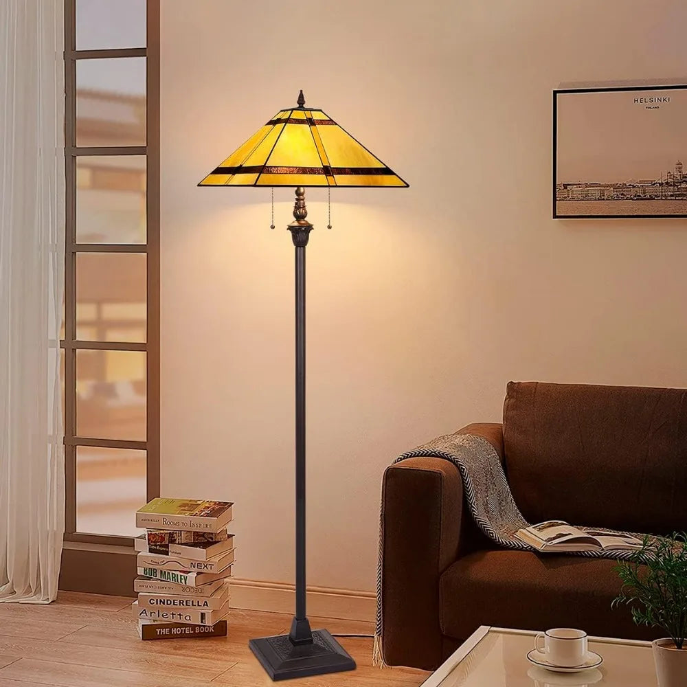 Stained Glass Mission Style Floor Lamp with 2 Light Sockets  Pull Chains - 65in Standing Lamp