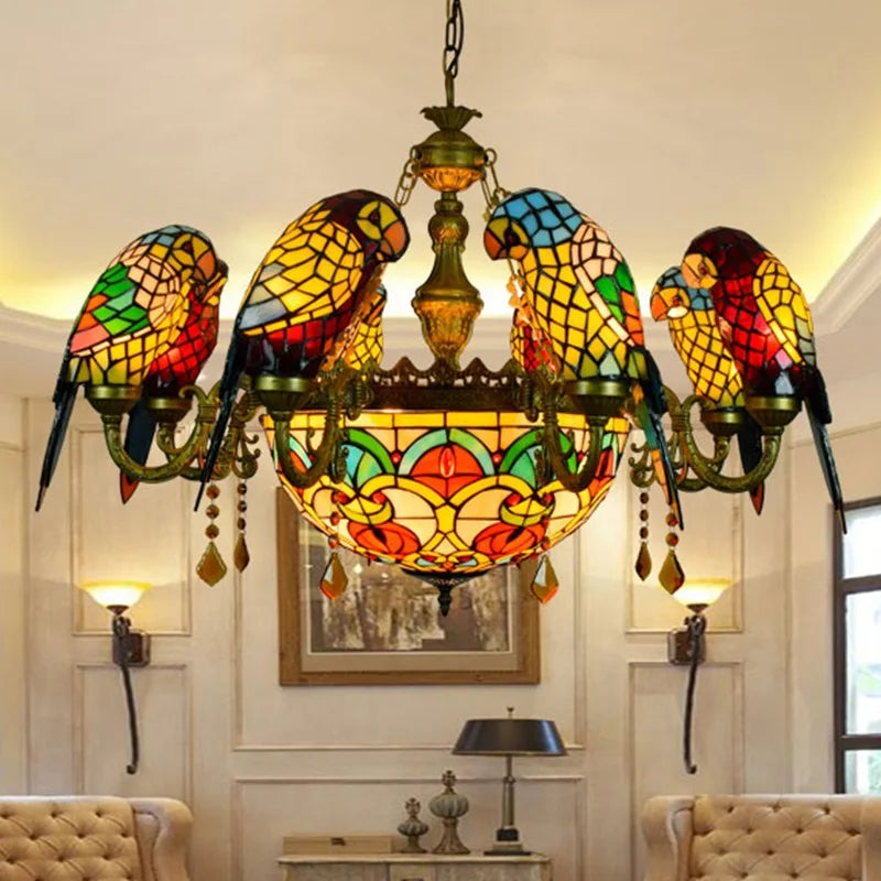 Stained Glass Parrot Chandelier  Creative Retro Bird Pendant Light for Bars and Restaurants Tiffany Style Glass Fixture Indoor Decorative Lamp