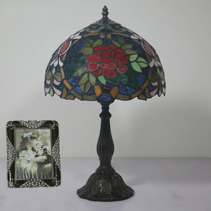 Tiffany Stained Glass Red Rose Lamp - Elegant Mediterranean Nightstand  Desk Light with Hand-Knitted Shade Durable Iron Base and Romantic Floral Design