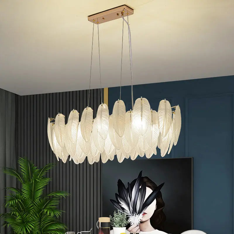Feather Glass and Gold Metal Modern Luxury Pendant Light - Chic Chandelier for Living Room and Bedroom Décor