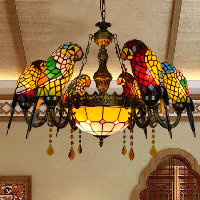 Stained Glass Parrot Chandelier  Creative Retro Bird Pendant Light for Bars and Restaurants Tiffany Style Glass Fixture Indoor Decorative Lamp