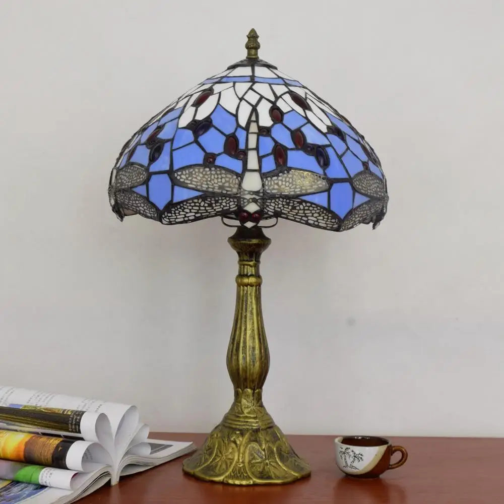 Mediterranean Style Tiffany Bedside Lamp | Stained Glass Dragonfly Blue Table Light | 12in Blue Handcrafted