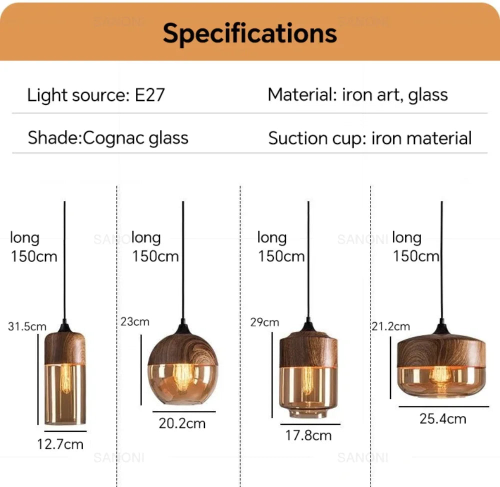 Modern LED Pendant Light Fixtures Nordic Glass Wood Chandelier for Living and Dining Room Light Bedroom Wood Color Hanging Lamp