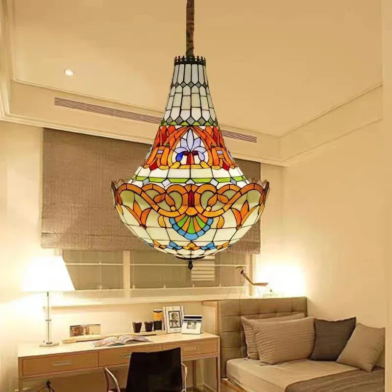 Mediterranean Vintage Stained Glass Chandelier Pendant Lamp for Living Room Bedroom or Dining Room