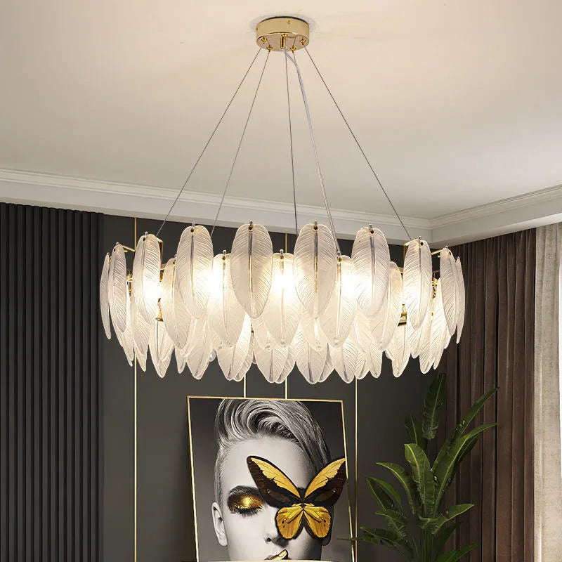 Feather Glass and Gold Metal Modern Luxury Pendant Light - Chic Chandelier for Living Room and Bedroom Décor