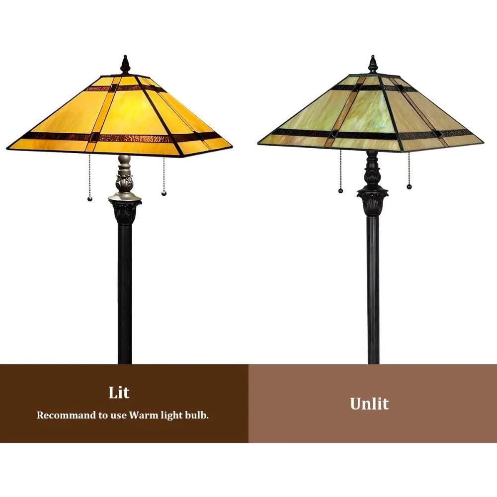 Stained Glass Mission Style Floor Lamp with 2 Light Sockets  Pull Chains - 65in Standing Lamp
