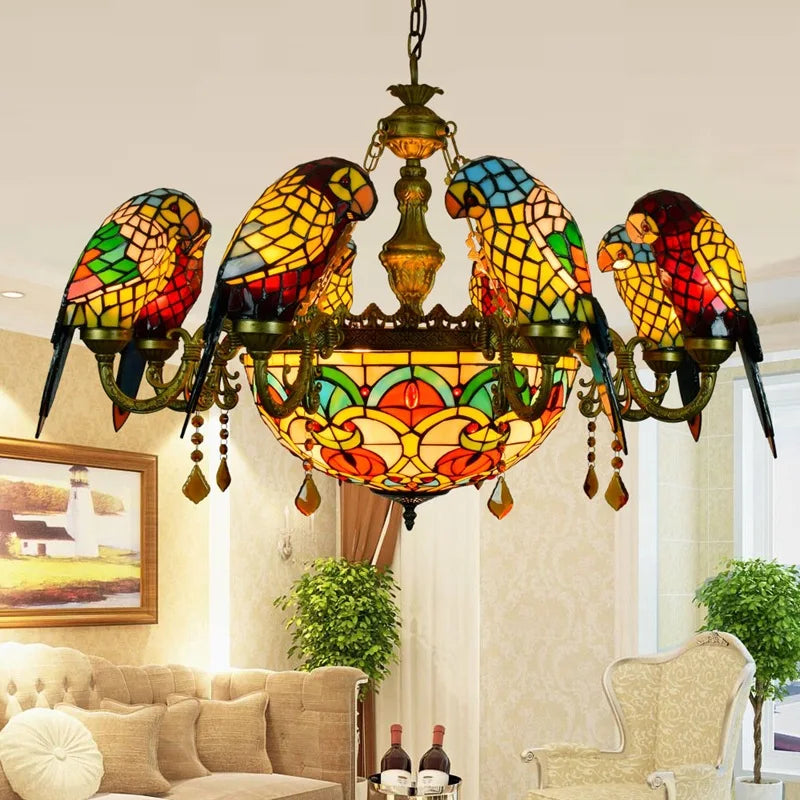 Stained Glass Parrot Chandelier  Creative Retro Bird Pendant Light for Bars and Restaurants Tiffany Style Glass Fixture Indoor Decorative Lamp