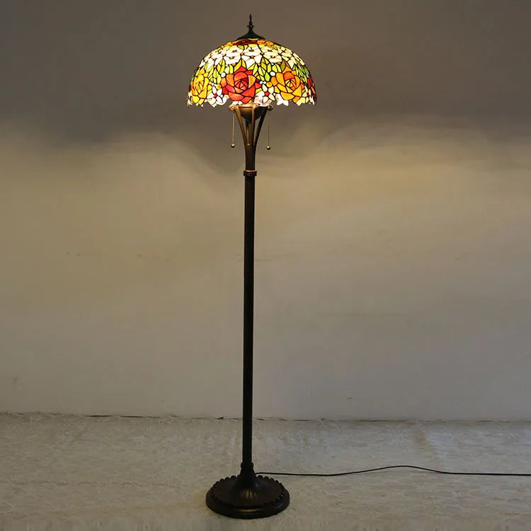Tiffany Style LED Floor Lamp with Red Stained Glass Rose Shade  63-Inch Tall Standing Reading Light
